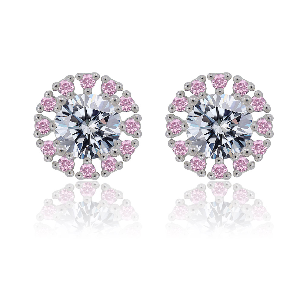 Rhodium Round Pink Cubic Zirconia Earring